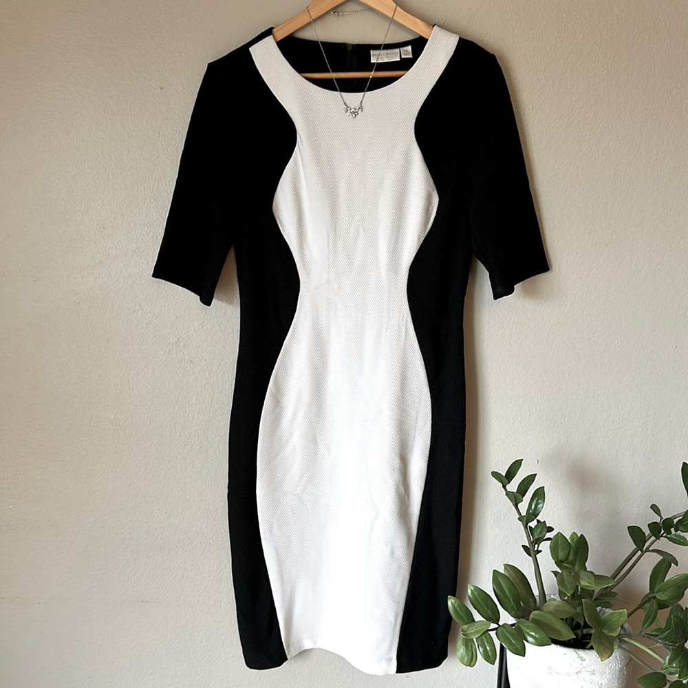 Bisou Bisou Dress Sheath Black Ivory Stretch Short Sleeves Fitted Texture